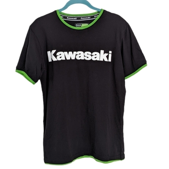 KAWASAKI black t-shirt logo printed greem collar size Medium Large M2 - Picture 1 of 7